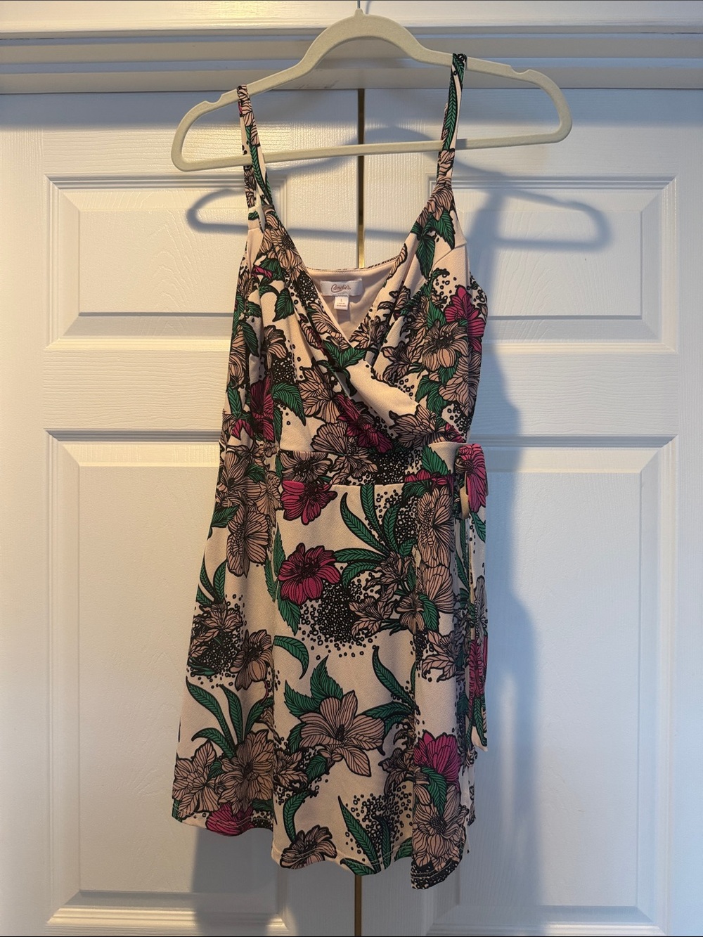 Candie's Cream Floral Wrap Romper with Pink & Green Print